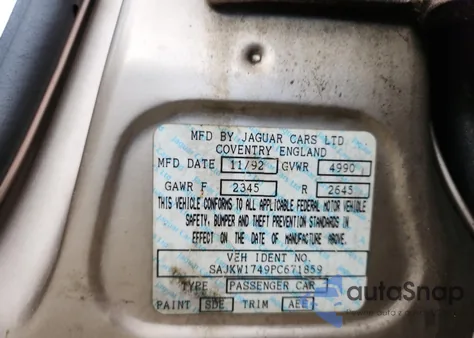 1993 Jaguar Xj6 Vanden Plas из США, поврежденный, VIN SAJKW1749PC671859